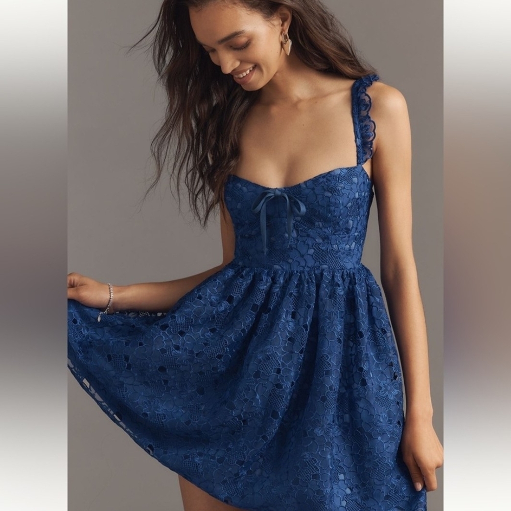 🆕️ Anthropologie Ruffle Strap Corset Lace Blue Mini Dress Womens Size Small